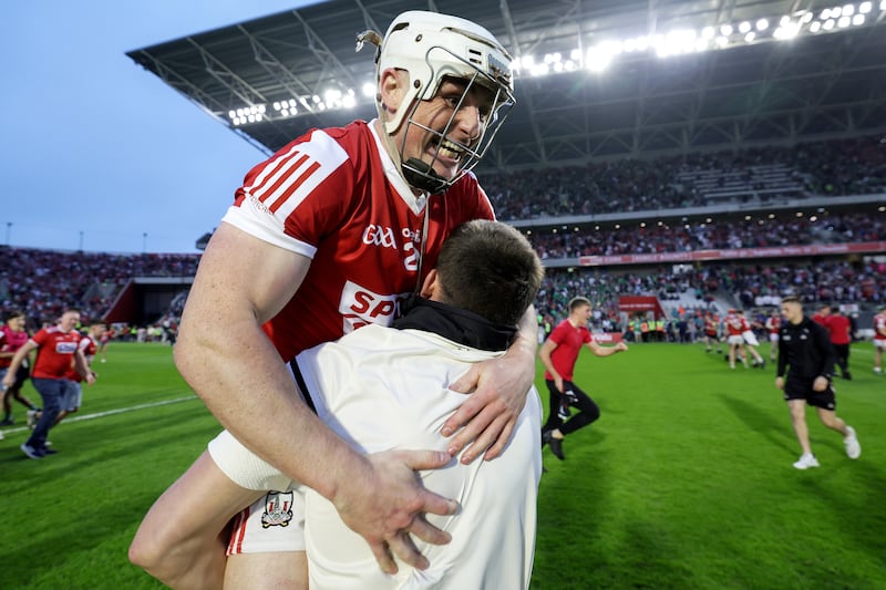 Cork's Tommy O Connell celebrates after the game after the defeat of Limerick at SuperValu Páirc Úi Chaoimph. Photograph: Laszlo Geczo/Inpho 