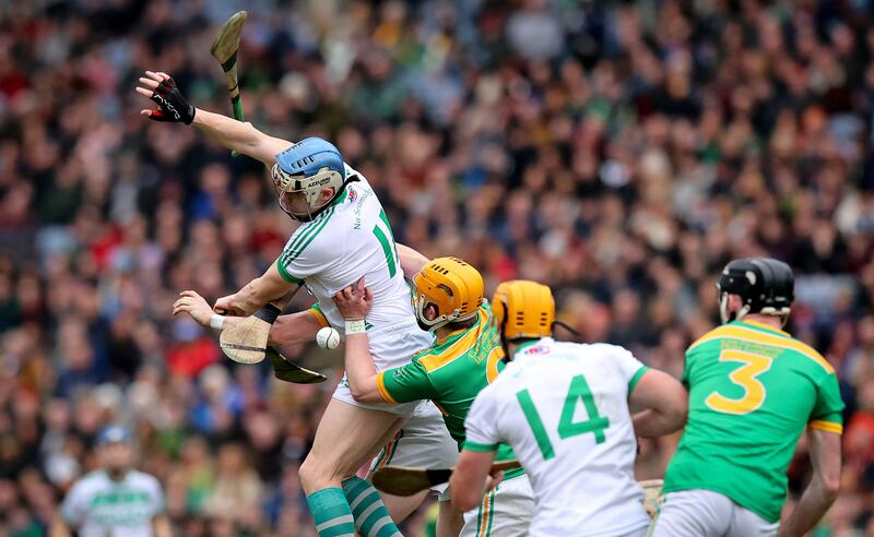 Ballyhale’s TJ Reid and Kevin Molloy of Dunloy compete for possession in Croke Park. Photograph: Ryan Byrne/Inpho