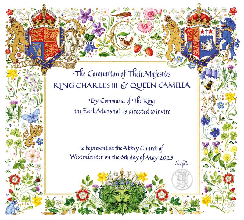 The invitation to the May 6th Coronation of King Charles III, which will be issued in due course to more than 2,000 guests who will form the congregation in Westminster Abbey. Photograph: Buckingham Palace/PA