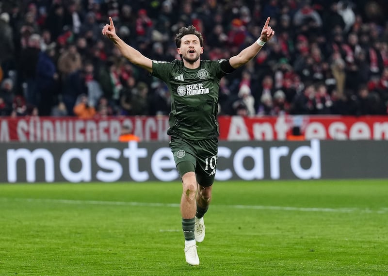 Nicolas Kuhn celebrates scoring the opening goal of the game for Celtic. Photograph: Andrew Milligan/PA