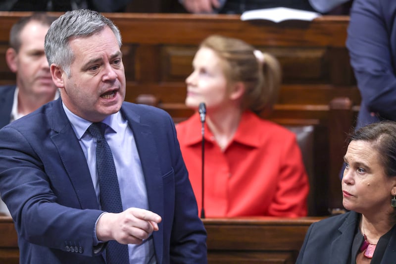 Sinn Féin's Pearse Doherty and Mary Lou McDonald in the Dáil chamber as Ceann Comhairle Verona Murphy TD suspends proceedings for the day. Photograph: Fergal Phillips/Maxwell’s