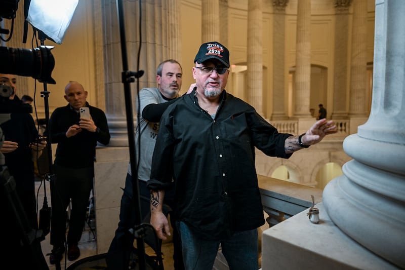 Stewart Rhodes, the founder of the Oath Keepers militia, speaks to reporters in Washington on Wednesday. Photograph: Kenny Holston/New York Times