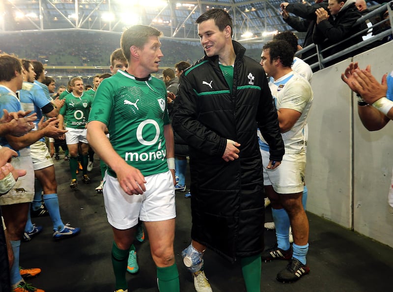 Ronan O'Gara with Johnny Sexton: the two outstanding outhalves enjoyed long careers in the Ireland No 10 shirt. Photograph: Lorraine O'Sullivan/Inpho 