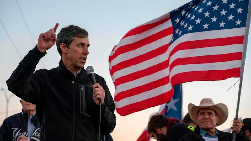 Former Texas Congressman Beto O’Rourke speaks to a crowd of marchers during the “March for Truth” in El Paso, Texas, on Monday. Photograph: by Paul Ratj/AFP