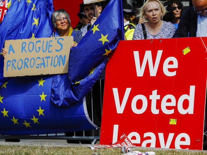 Brexit battle: Remain and Leave demonstrators outside parliament. Photograph: Luke MacGregor/Bloomberg