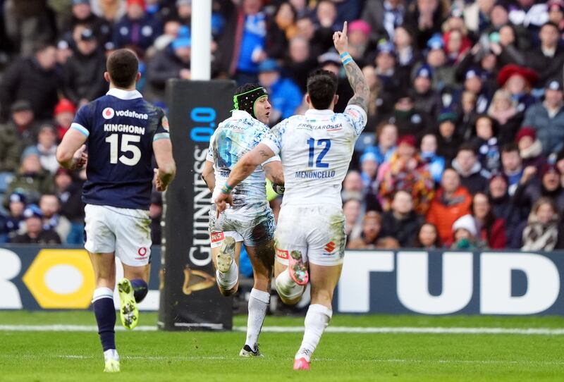 Italy's Juan Ignacio Brex on his way to scoring a try during the Six Nations match at Murrayfield. Photograph: Andrew Milligan/PA Wire