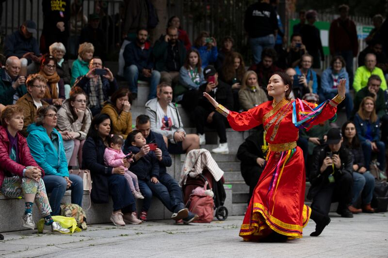 Dancer Oyungerel Ankhbaatar of the Mongolian Throat Singing Band performs at Wood Quay Amphitheatre, Dublin, for Culture Night 2024. Photograph: Tom Honan