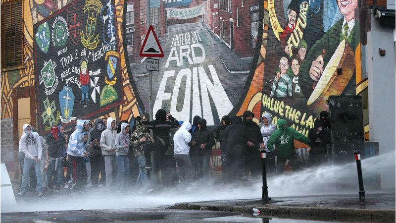 Watercannon used in riots in Ardoyne, Belfast as Orangemen march past the nationalist area on their way back from a 12th July parade. Photograph: Dara Mac Dónaill