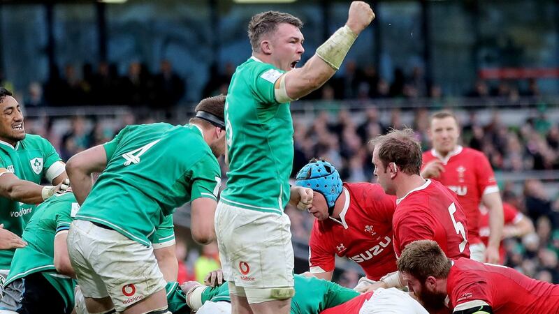 Ireland’s Peter O’Mahony celebrates during the  Guinness Six Nations Championship Round 2 match against Wales at the Aviva Stadium, Dublin on Saturday. Photograph: Bryan Keane/Inpho