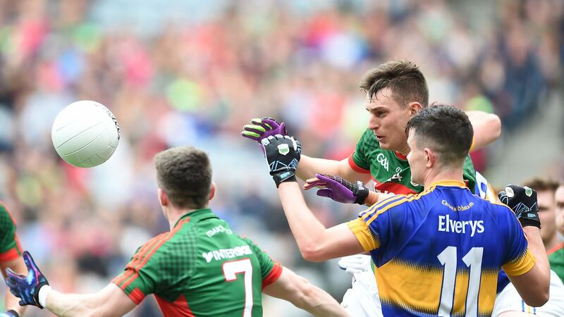 Barry Moran screens the Mayo defence against Tipperary. Photograph: Inpho