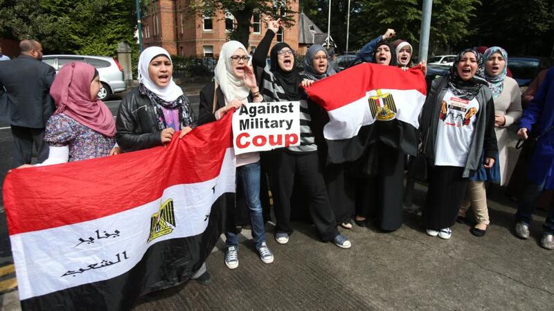 Friends of the Halawa family gather at the Egyptian embassy in Dublin demanding the release of the four Irish siblings detained by Egyptian authorities. Photograph: Niall Carson/PA Wire