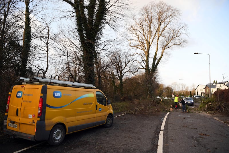 Tree surgeon Kevin Buckley and resident Ger Maher clear a fallen tree from the N72 main Killarney-to-Killorglin Ring of Kerry road. Photograph: Don MacMonagle