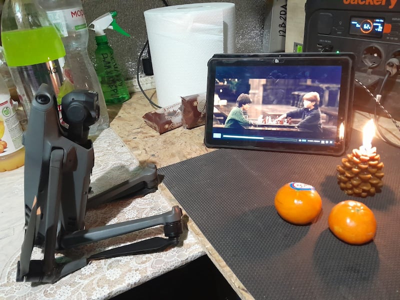 In Lt Mykytenko's position, a drone 'watches' Harry Potter videos on a tablet at Christmas. Photograph: Lt Yulia Mykytenko