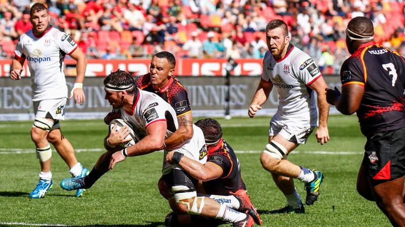 Ulster’s Marcell Coetzee  scores against the  Isuzu Southern Kings at Nelson Mandela Bay Stadium in Port Elizabeth, South Africa. Photograph: Michael Sheehan/Gallo Images/Getty Images