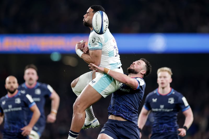 Bath's Joe Cokanasiga and Leinster's Robbie Henshaw. Photograph: Laszlo Geczo/Inpho