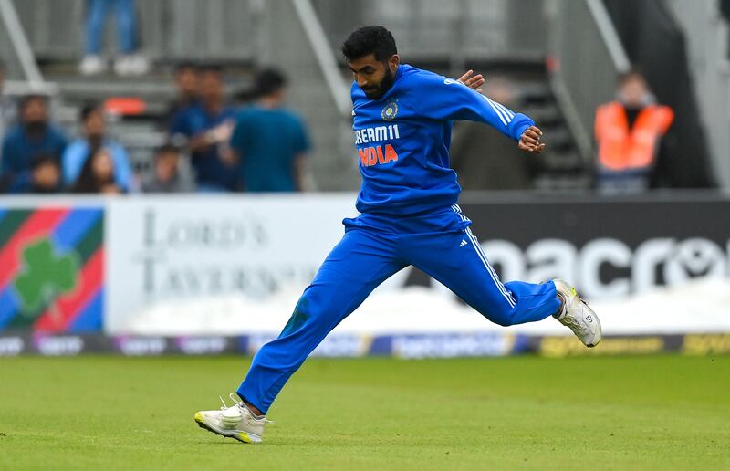 India captain Jasprit Bumrah fields the ball with his foot in Malahide. Photograph: Seb Daly/Sportsfile