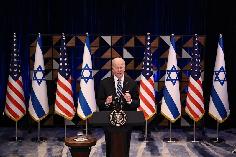 Joe Biden holds a press conference following a solidarity visit to Israel, on Wednesday, in Tel Aviv. Photograph: Brendan Smialowski/AFP/Getty Images