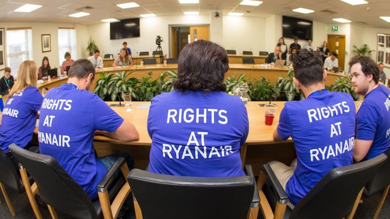 Workplace representatives from the Cabin Crew United Summit outline their demands. Photograph: Conor Healy/Picture It Photography