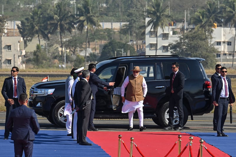 India's prime minister Narendra Modi arrives to inaugurate the 14th edition of Aero India 2023 at the Yelahanka air force station in Bengaluru on Monday, February 13th, 2023. Photograph: Manjunath Kiran/AFP/Getty