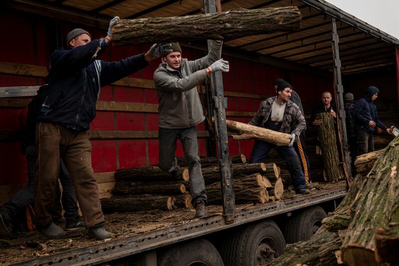 Volunteers distribute logs for chopping into firewood for residents of Oleksandrivka, Ukraine, in January. Photograph: Nicole Tung/New York Times
                      