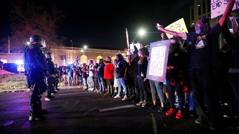 Demonstrators protest the police shooting of Stephon Clark, in Sacramento.  Photograph: Reuters