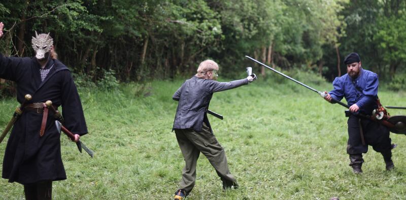 Irish Times journalist Conor Capplis engages Aonghus Maher – aka Brefni – in combat at Five Oaths. Photograph: Allan Leeson