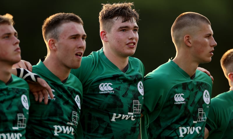 Daniel Hawkshaw, Diarmuid Mangan and Sam Prendergast prepare to play South Africa in the Under-20 Six Nations Summer Series in June 2022. Photograph: James Crombie/Inpho