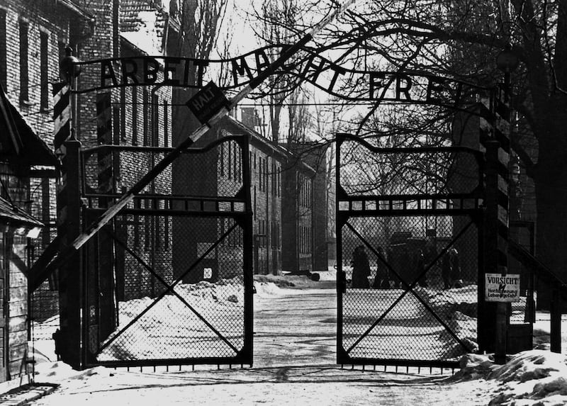 The entrance gate to Auschwitz concentration camp in the 1940s. Photograph: Mondadori/Getty