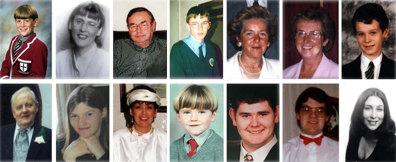 Undated family handout file photos of victims of the Omagh bombing on August 15, 1998, (left to right top row) James Barker, Esther Gibson, Sean McGrath, Gareth Conway, and Elizabeth Rush, Veda Short, Alan Radford (bottom row left to right) Fred White, Lorraine Wilson, Geraldine Breslin, Oran Doherty and Aidan Gallagher, Bryan White and Debra-Anne Cartwright. Photograph: Family handouts/PA 