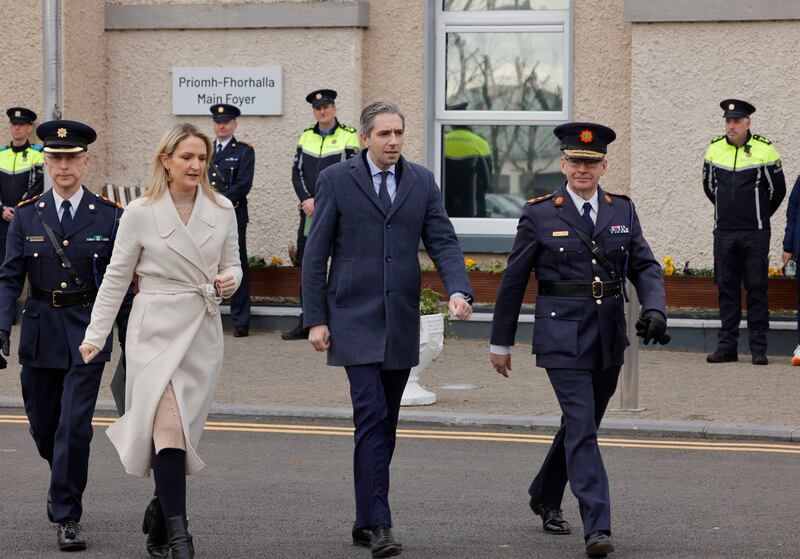 Minister for Justice Helen McEntee, Taoiseach Simon Harris and Garda Commissioner Drew Harris at the passing-out ceremony. Photograph: Alan Betson / The Irish Times

