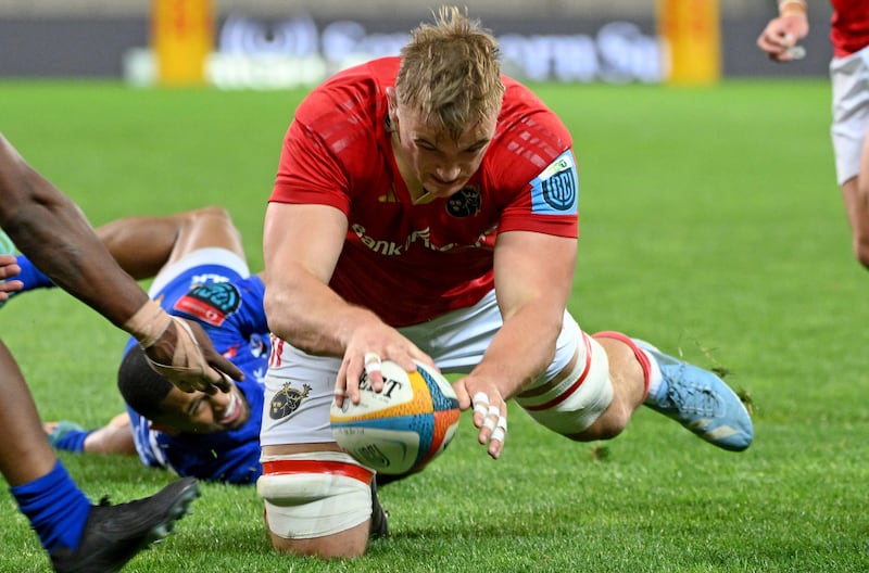 Gavin Coombes scores a try for Munster in Cape Town. Photograph: Thinus Maritz/Inpho/Steve Haag Sports