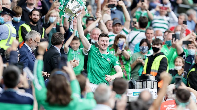 Declan Hannon lifts the Liam MacCarthy Cup for the third time as captain. Photograph: Laszlo Geczo/Inpho