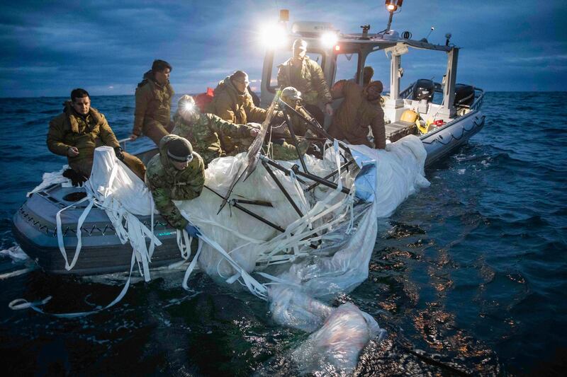 US Navy sailors recover remnants of the downed Chinese surveillance balloon off the coast of South Carolina on February 5th last. Photograph: Tyler Thompson/US Navy/New York Times