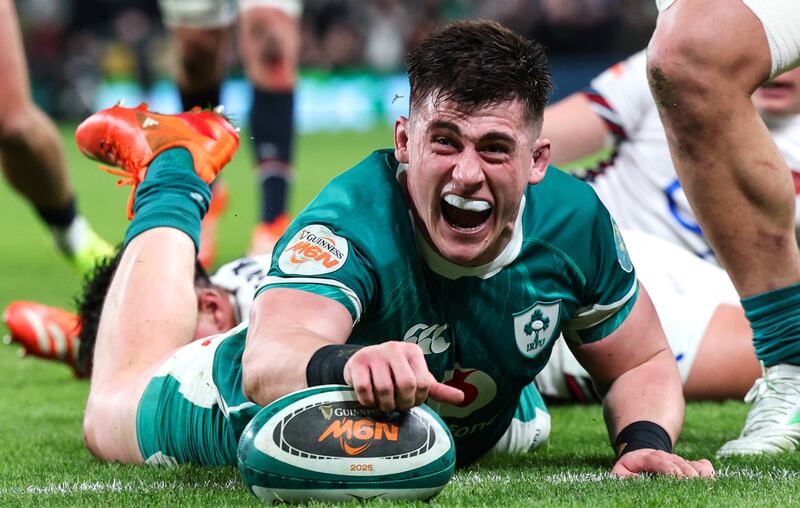 Dan Sheehan celebrates scoring Ireland's fourth try against England last weekend. Photograph: Billy Stickland/Inpho