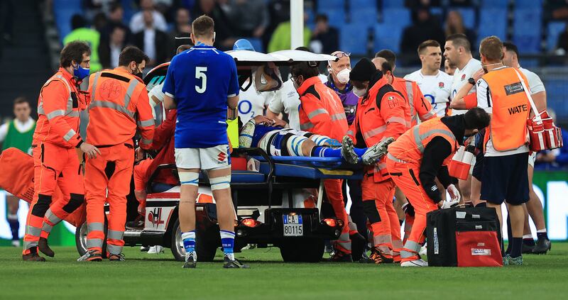 Sebastian Negri of Italy was taken off the pitch on a buggy after an injury during last year's Six Nations. Photograph: David Rogers/Getty Images