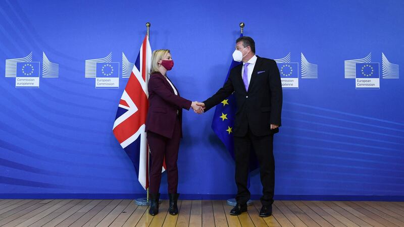 UK foreign secretary Liz Truss and European Commission vice-president Marcos Sefcovic before a bilateral meeting in Brussels. Photograph: John Thys/AFP via Getty