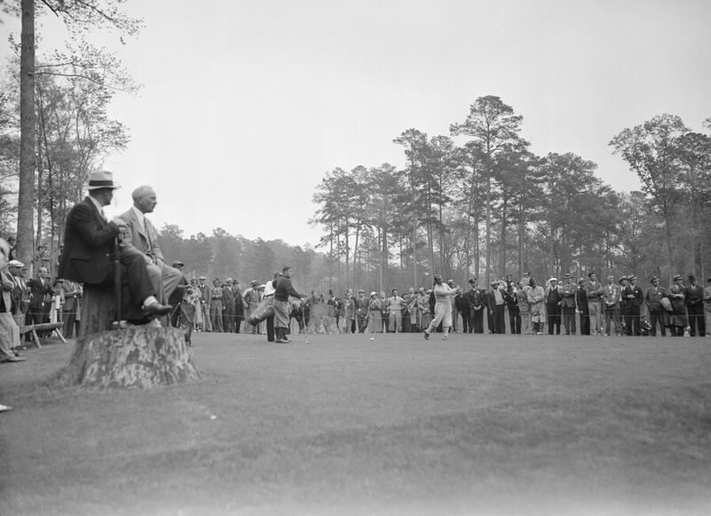 Gene Sarazen drives off the tee before winning a 36-hole playoff at the 1935 US Masters. Photograph: Bettmann archive