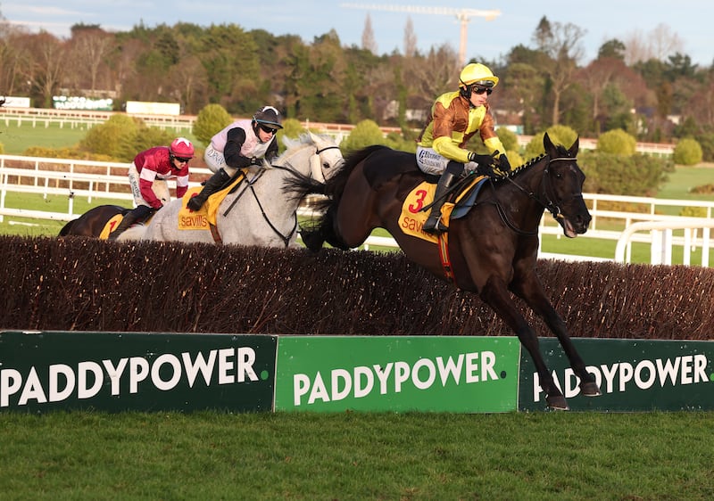 Galopin Des Champs ridden by jockey Paul Townend on the way to winning the Savills Steeplechase during day three of the Christmas Festival at Leopardstown Racecourse. Photograph: Damien Eagers/PA