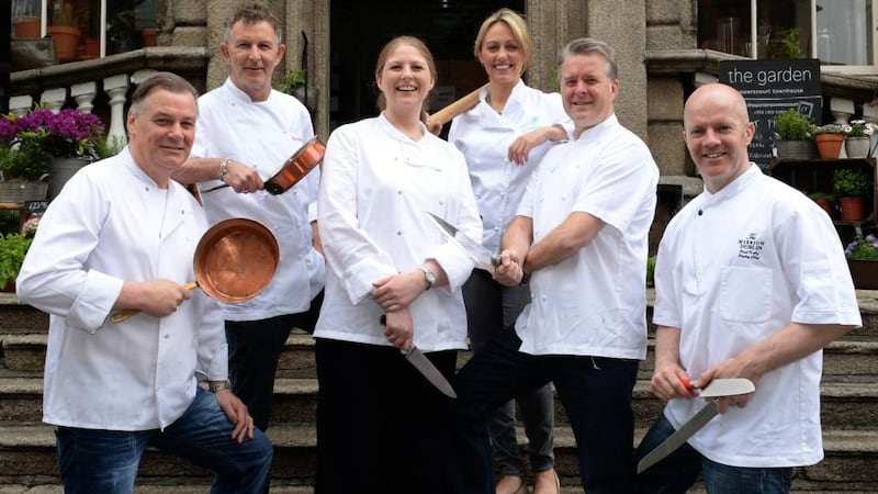 (L-R) Derry Clarke (L'Ecrivan), Kevin Thornton (Thorton's), Joy Beattie (The Hot Stove), Clodagh McKenna (Clodagh's Kitchen), Ross Lewis (Chapter One), Paul Kelly (The Merrion Hotel)