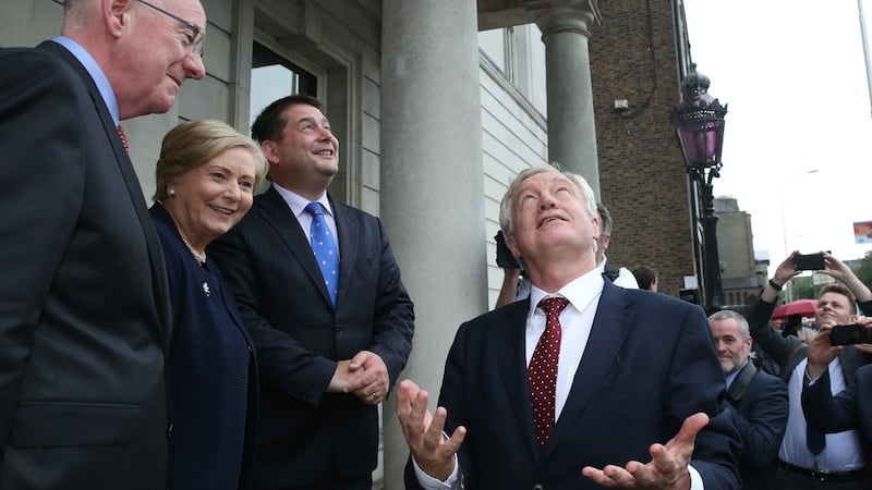 David Davis is greeted by Minister for Foreign Affairs Charlie Flanagan, Tánaiste Frances Fitzgerald and Minister for European Affairs Dara Murphy at Iveagh House yesterday. Photograph: Brian Lawless/PA Wire