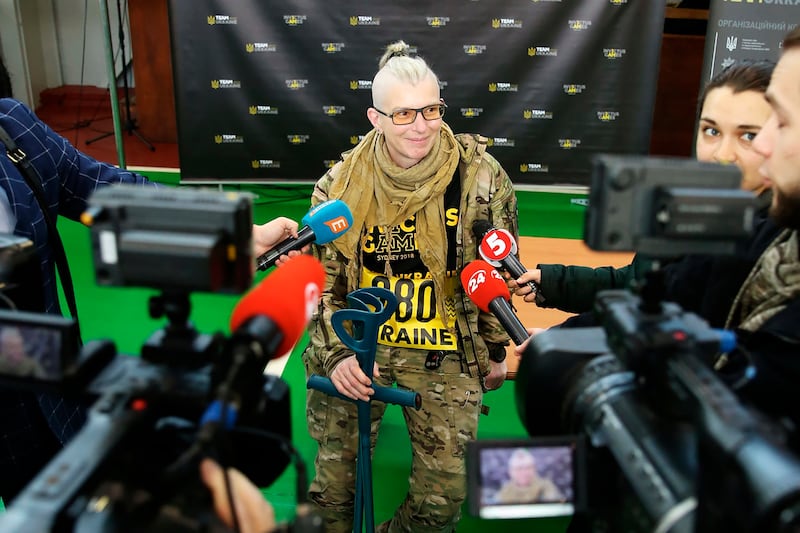 Yulia Paievska, known as Taira, speaks to the media in Kyiv, ahead of trials for the 2018 Invictus Games, a sporting event for wounded, injured and ill veteran and active defence personnel. Photograph: Invictus Games Team Ukraine via AP