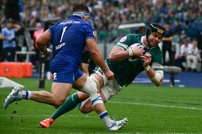 Italy's Danilo Fischetti blocking Ireland's James Ryan during the Six Nations match in Rome on March 15th, 2025. Photograph: Filippo Monteforte/AFP     