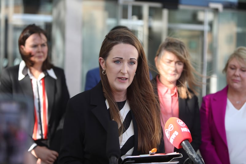 Kathleen Correia speaking to the media on Monday outside the Criminal Courts of Justice in Dublin, where her husband, Sergio Correia, was sentenced to eight years in jail. Photograph: Collins