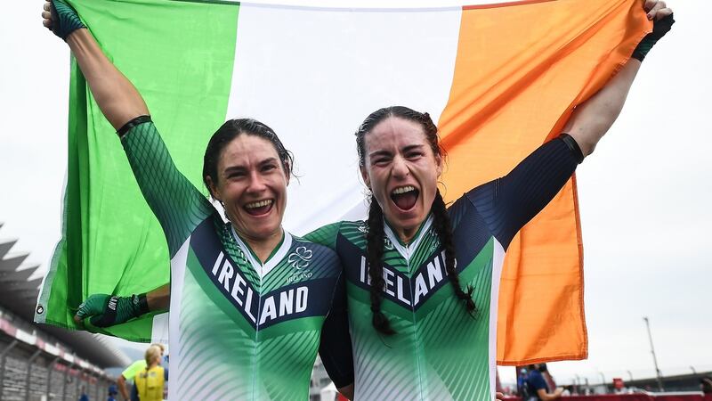 Eve McCrystal and Katie George Dunlevy after winning gold in the women’s B time trial at the Fuji International Speedway. Photograph: David Fitzgerald/Sportsfile