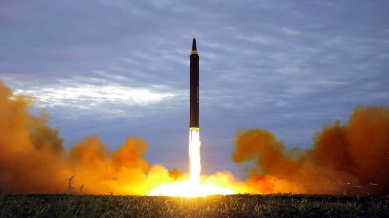 A photograph released by the North Korean government of what it said was the  test launch of a Hwasong-12 intermediate range missile in Pyongyang, North Korea, on August 29th. Photograph:  Korean Central News Agency/Korea News Service via AP