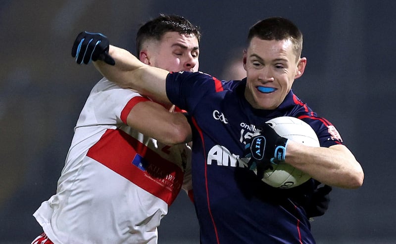 Danny Conroy tackles Con O’Callaghan in the All-Ireland club championship semi-final between Coolera-Strandhill and Cuala at Kingspan Breffni Park on January 11th. Photograph: Lorraine O’Sullivan/Inpho