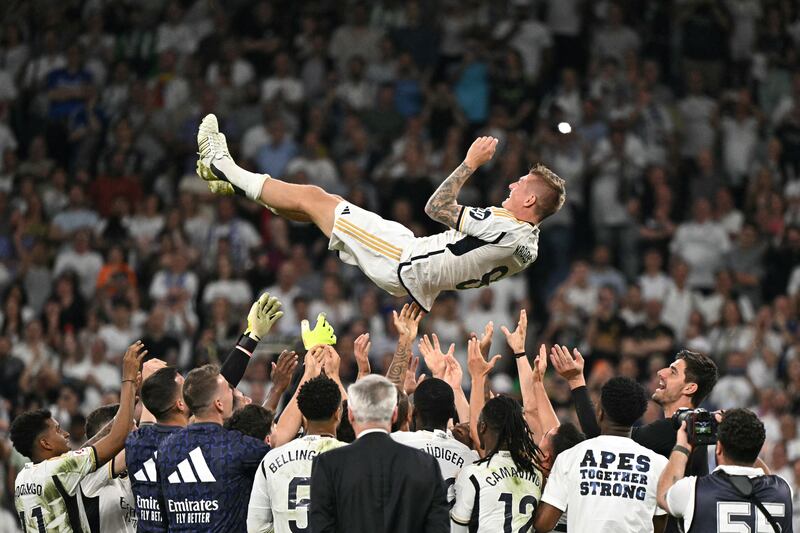 Toni Kroos iis feted by his fello players after the game against Real Betis at the Bernabeu. He will play his final game at Wembley in the Champions League final. Photograph: Javier Soriano/AFP/Getty Images