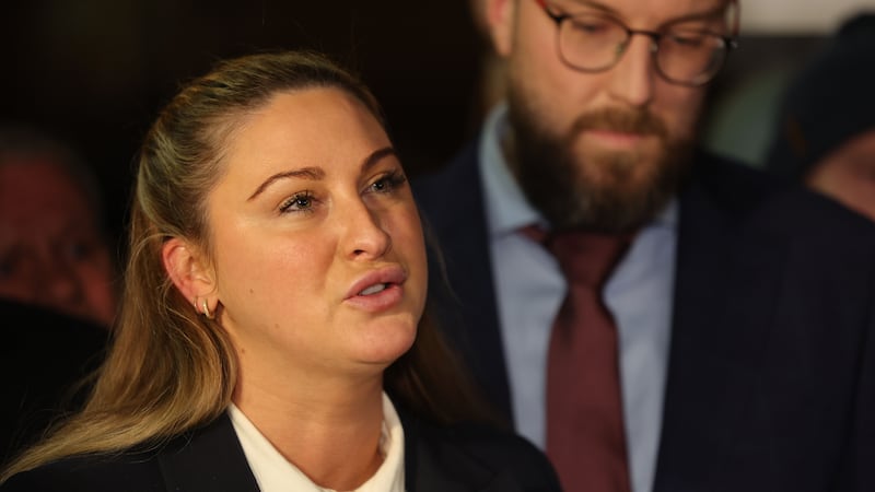 Nikita Hand speaking to media at the Four Courts in Dublin after she won her case for assault against Conor McGregor. Photograph: Alan Betson