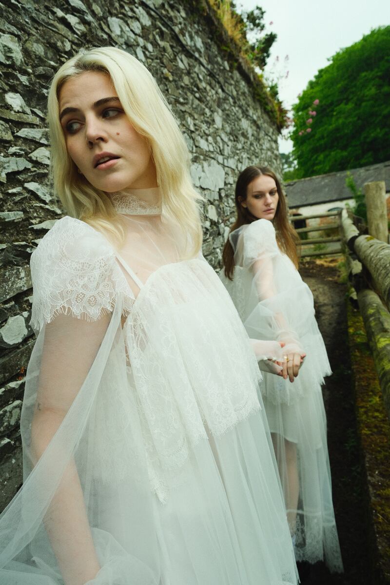 Left: white Casey dress €750, white blouse €650, Mae skirt €520 both in French Leavers lace and tulle. Photograph: Isabel Farrington