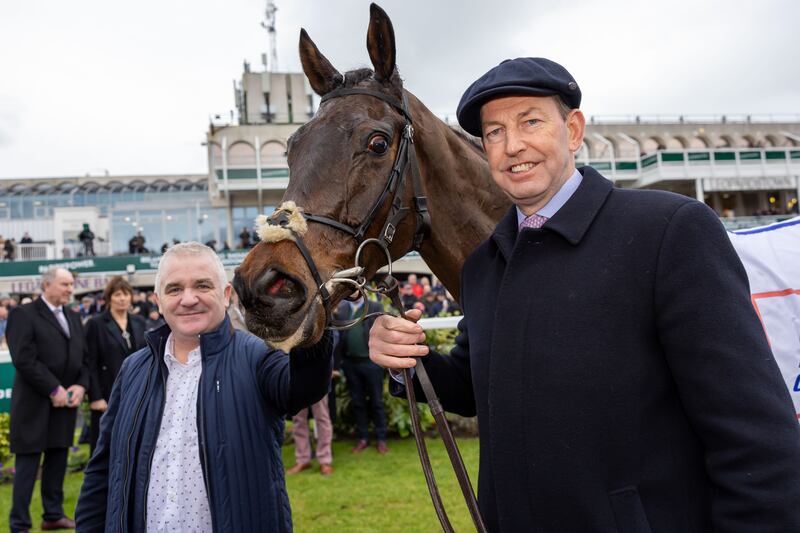 Trainer Gavin Cromwell and owner Patrick Sheanon celebrate with Hello Neighbour after the win in the Gannon`s City Recovery & Recycling Services Juvenile Hurdle at Leopardstown. Photograph: Morgan Treacy/Inpho